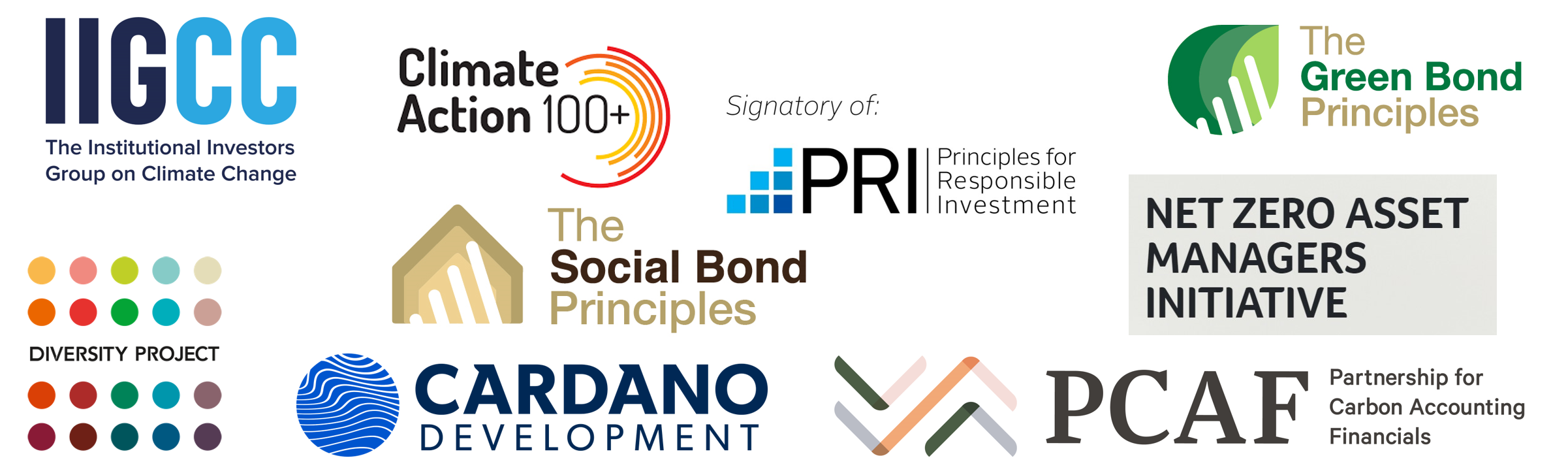 Our partners: IIGCC - Climate Action 100+ - PRI - Diversity Project - Cardano Development - The social Bond Principles - The Green bond Principles - Net Zero Asset Managers Initiative PCAF