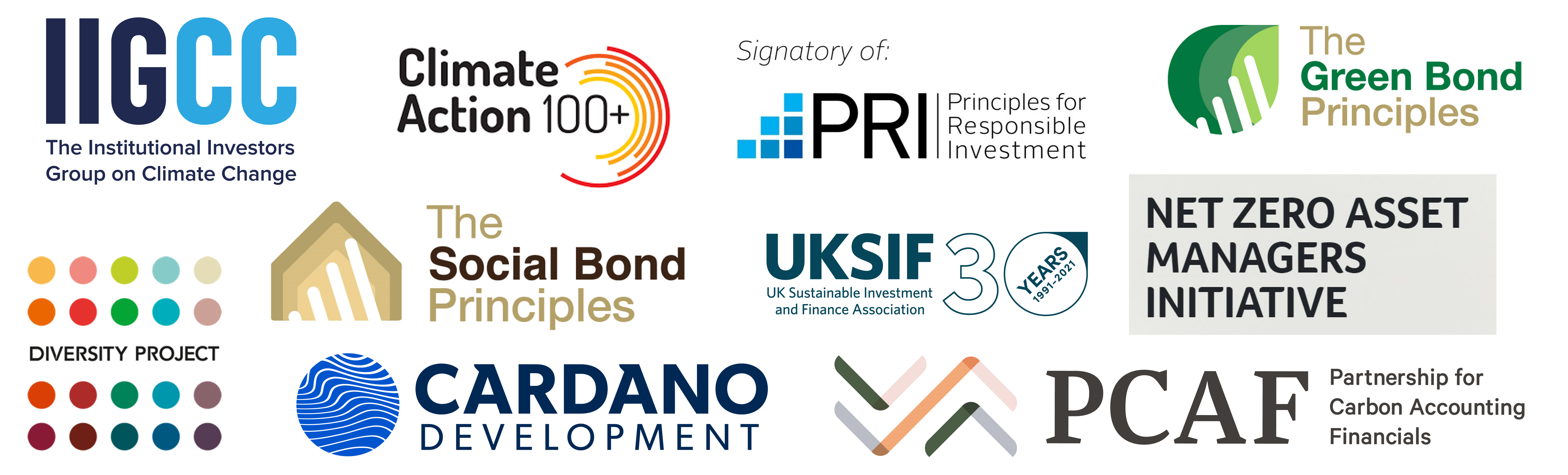 Onze partners: IIGCC - Climate Action 100+ - PRI - Diversity Project - Cardano Development - The social Bond Principles - The Green bond Principles - Net Zero Asset Managers Initiative PCAF - UKSIF